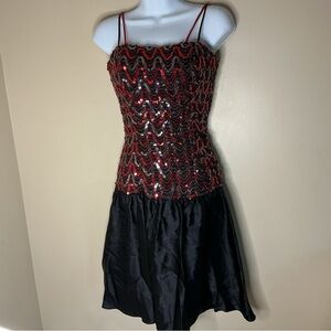 Vintage sequin Red and Black Spaghetti Strap Dress prom small